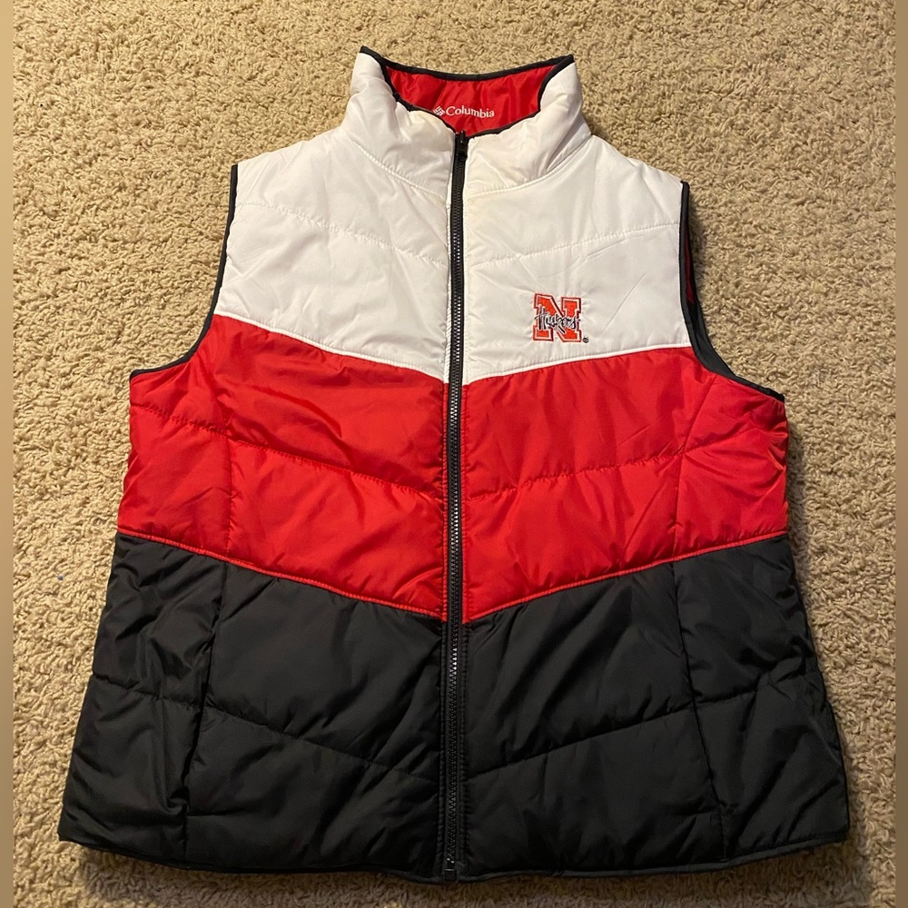 UNL Nebraska Cornhuskers Vest Womens L Large Red Columbia Puffer Full Zip
